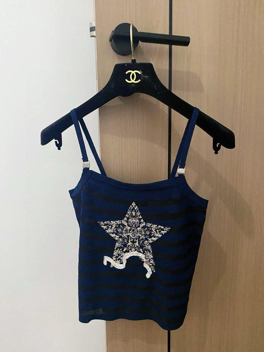 D 25 New Star Embroidery Striped Knit Suspenders