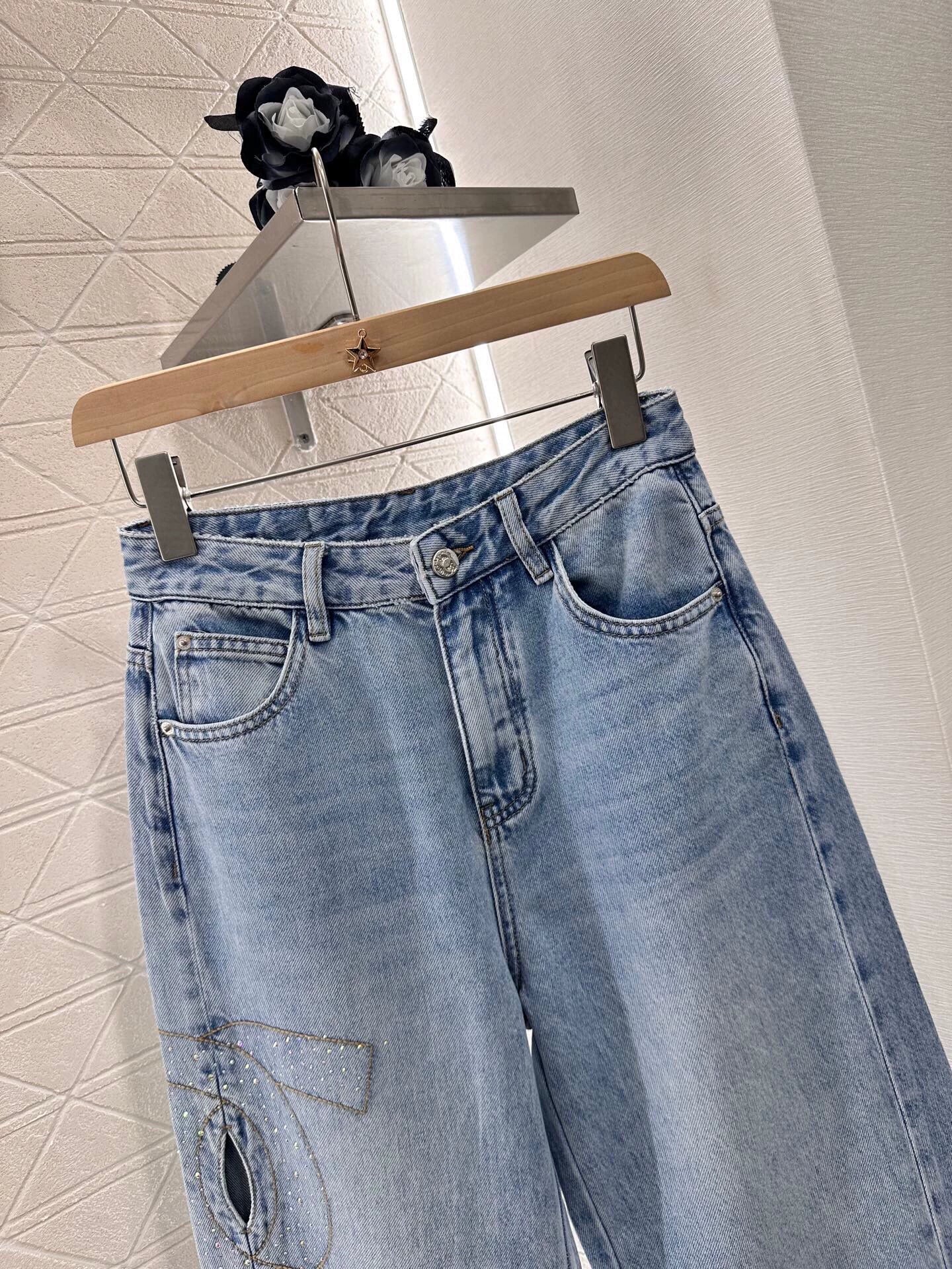 C 25 Wide Leg Rhinestone Denim Trousers