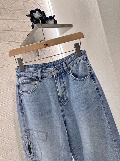 C 25 Wide Leg Rhinestone Denim Trousers