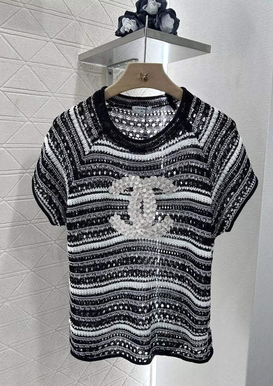 C 25 New Cubic Flower Letter Knit Short Sleeve