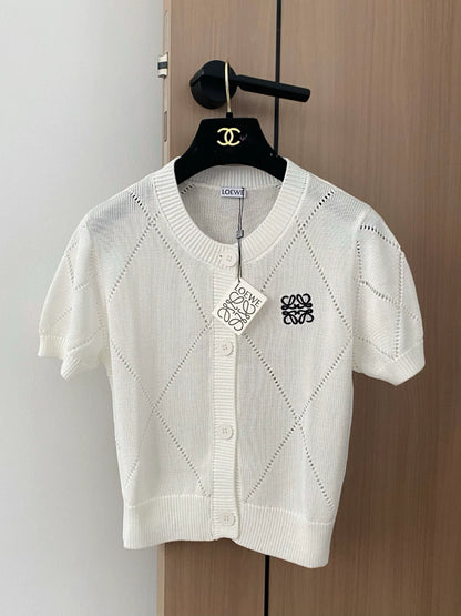 LO 25 new embroidery hollow single-breasted round neck short-sleeved knit cardigan