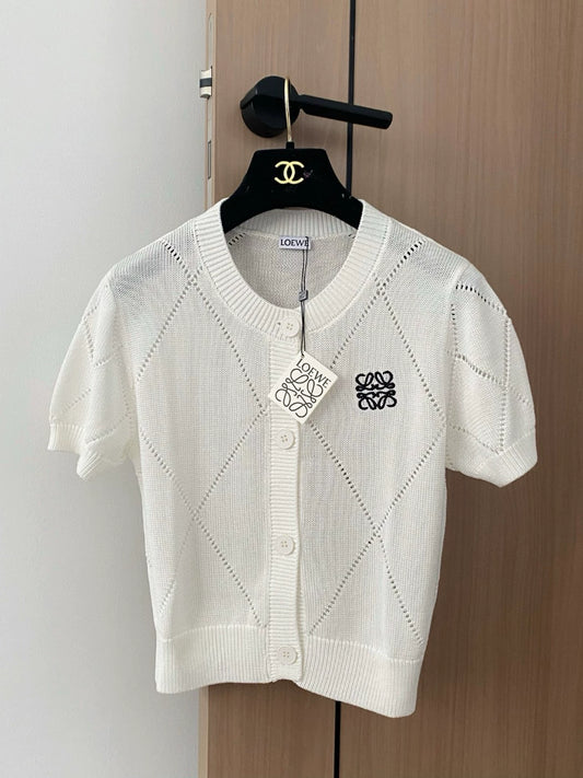 LO 25 new embroidery hollow single-breasted round neck short-sleeved knit cardigan