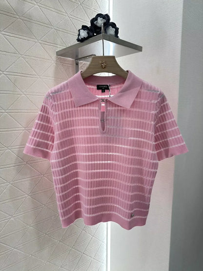 C 25 Spring/Summer New Hollow Front Striped Knit Short Sleeve Top(white gray pink balck)