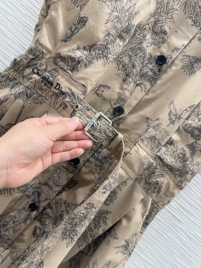 D 25 new brown printed belt single-breasted stand collar short-sleeved dress