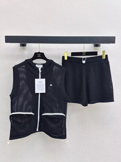 C 25 Early Spring Latest Knit Sets Cutout Hooded Vest + Shorts