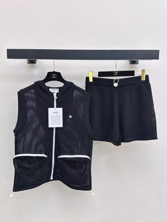 C 25 Early Spring Latest Knit Sets Cutout Hooded Vest + Shorts