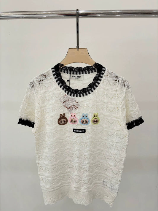 M 25 New Logo Clashing Color Crew Neck Short Sleeve Knit Top
