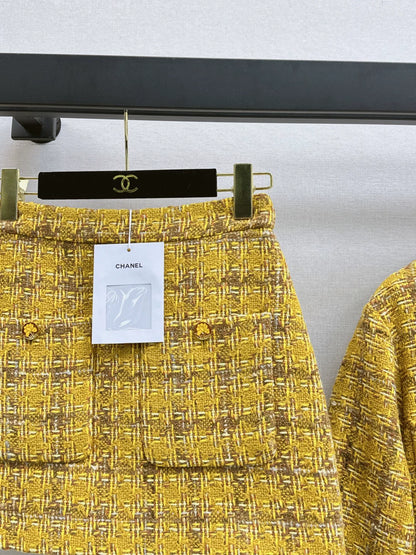 C 25 Camellia Decorated Braided Jacket + A-Line Skirt Set