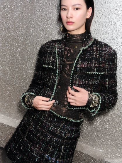 C 25 Plaid woven tweed jacket and skirt set