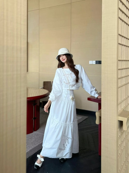 C 25 New holiday style hollow embroidery long sleeve + skirt set
