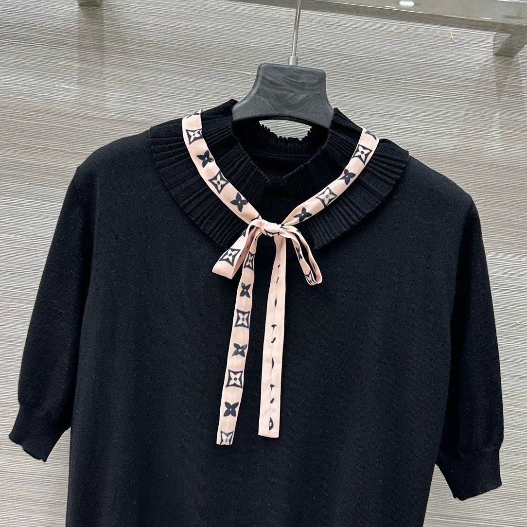 L 25 Spring/Summer New Lace Stand-up Collar Real Ribbon Short Sleeve