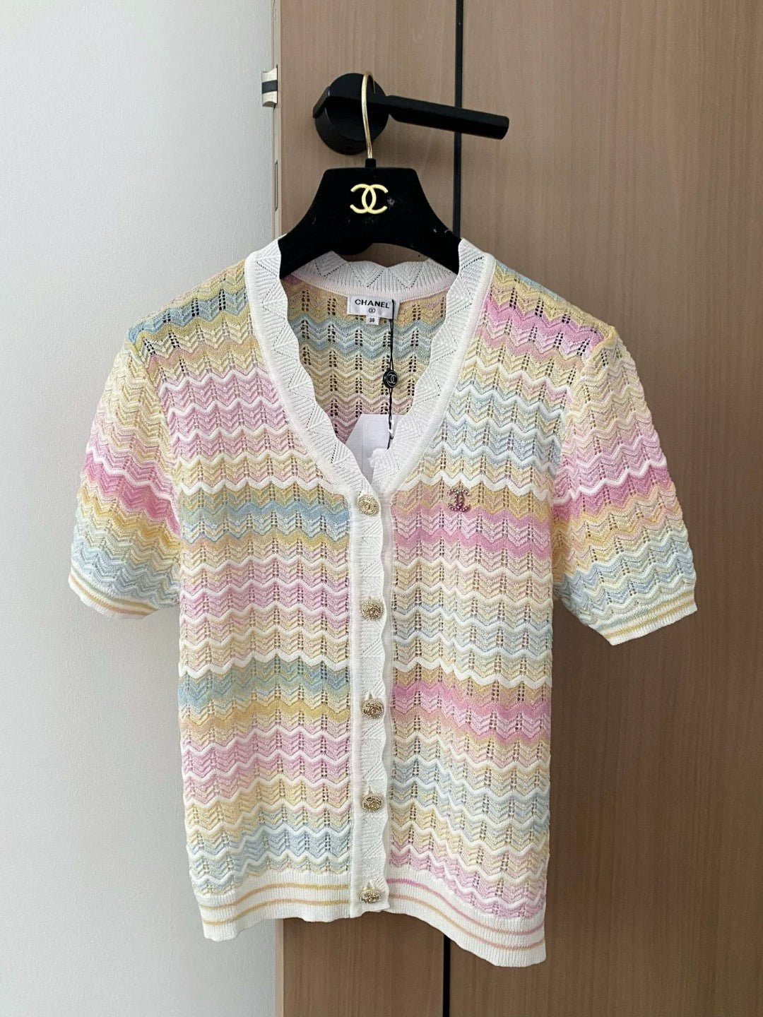 C 25 new color clashing stripes single-breasted V-neck short-sleeved knit cardigan