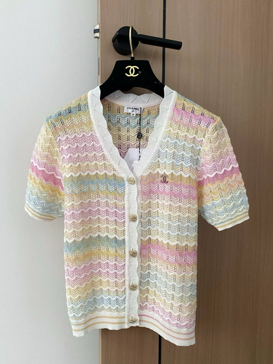 C 25 new color clashing stripes single-breasted V-neck short-sleeved knit cardigan