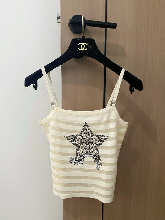 D 25 New Star Embroidery Striped Knit Suspenders