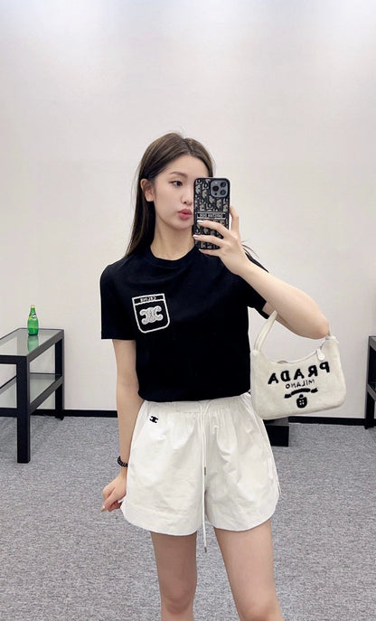 Ce 25 New Beaded embroidery letters round neck short sleeve T-shirt(pink black white)