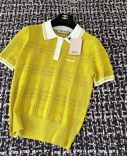 M 25 New Clashing Buttons Lapel Short Sleeve Knit (White Pink Yellow)