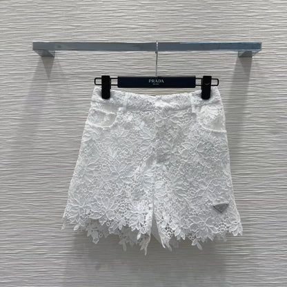 P 25 new water-soluble lace round neck short sleeve top shorts set