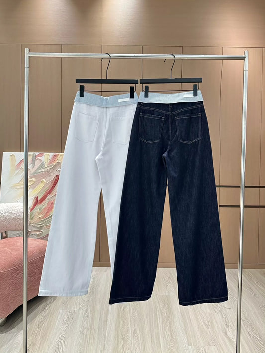 C 25 Cuffed rhinestone lettered denim straight-leg pants