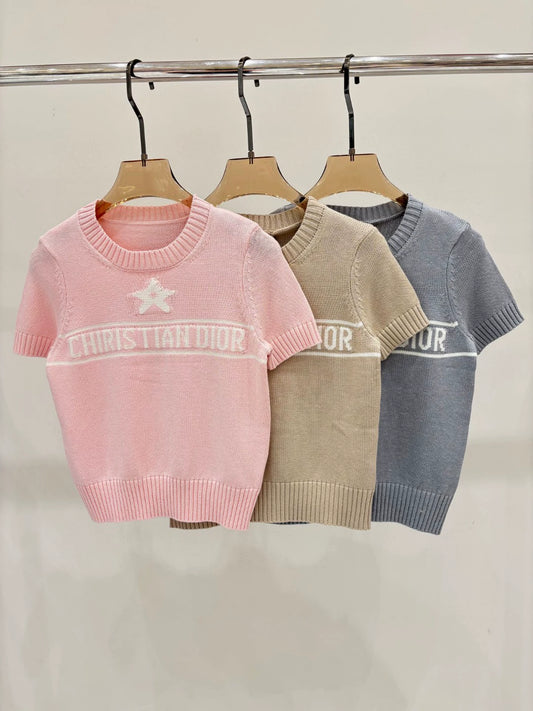 D 25 early spring new round neck letters star simple leisure knitted short sleeve