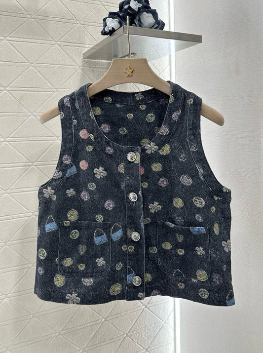 C 25 NEW Printed Colorful Denim Vest Shorts Set