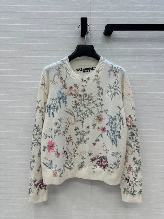 D 25 new cashmere sweater with plant and flower embroidery