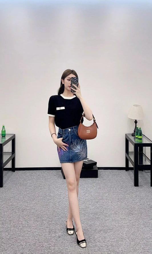 C 25 summer new black and white color collision knit short-sleeved top