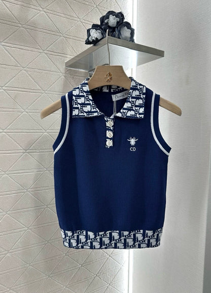 D 25 new lapel jacquard knit tank top(white yellow navy)