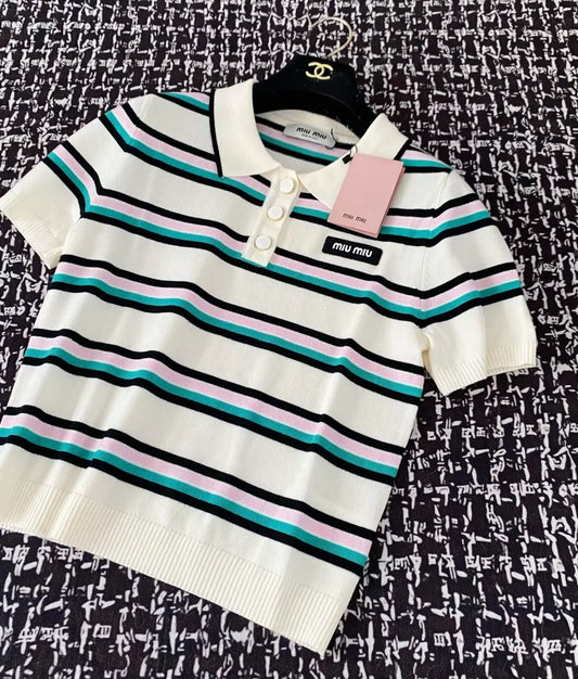 M 25 New Clashing Stripes Buttoned Lapel Short Sleeve Knit Top (White Pink)