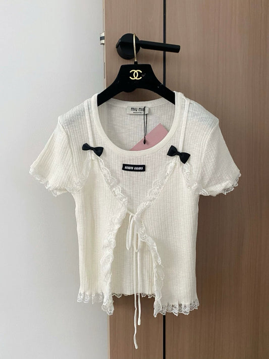 M 25 New Lace Lace Logo Short Sleeve False Two Piece Knit Top(white gray blue)