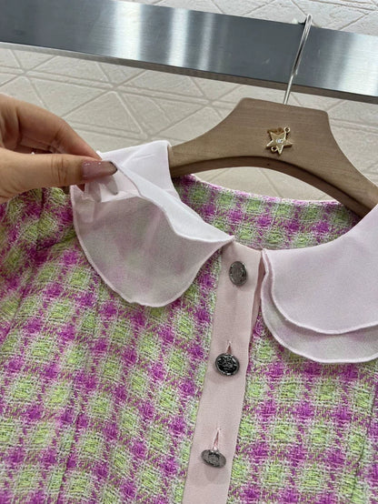 C 25 Spring/Summer New Tweed Patchwork Silk Lapel Short Sleeve Blouse