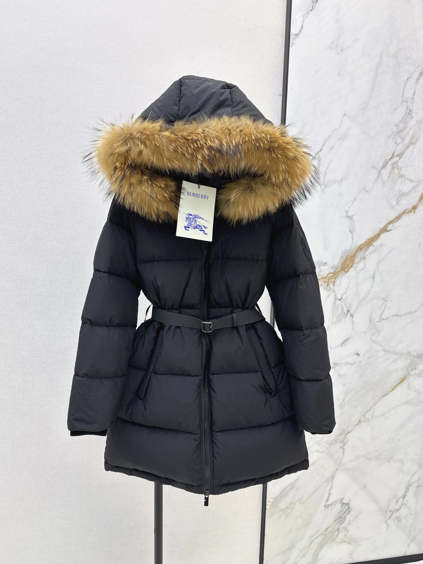 Bru 25 Waist waistband long down jacket ，raccoon fur collar(BLACK/WHITE/KHAKI)
