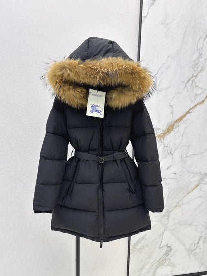 Bru 25 Waist waistband long down jacket ，raccoon fur collar(BLACK/WHITE/KHAKI)