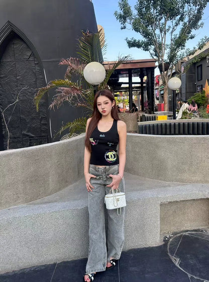 Letter digital print elastic slim fit sleeveless knitted vest
