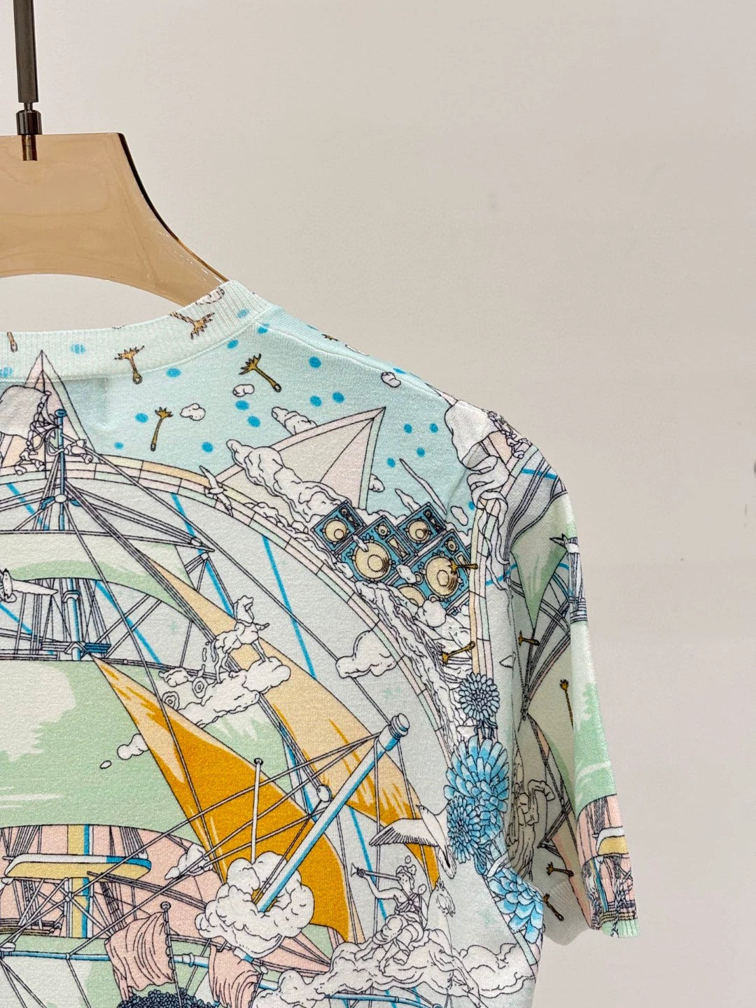 H 25 Early Spring New Round Neck Sailboat Pattern Color Printing Casual Knitted Short Sleeve