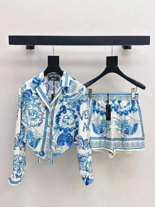 VE 25 spring and summer new goddess of beauty Venus ocean series silk short shirt + shorts set