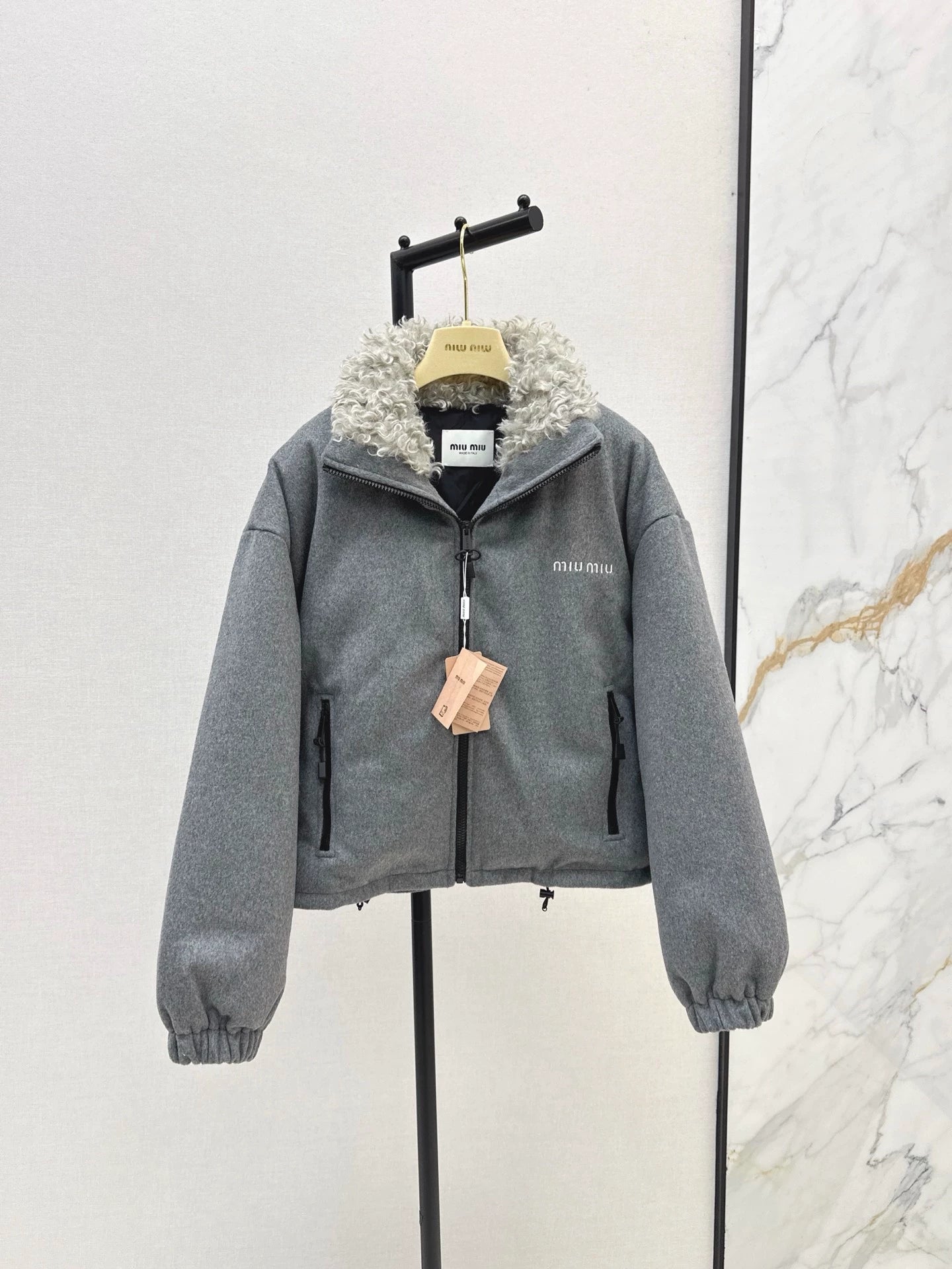 Mi 25 Lambswool patchwork short stand collar down jacket