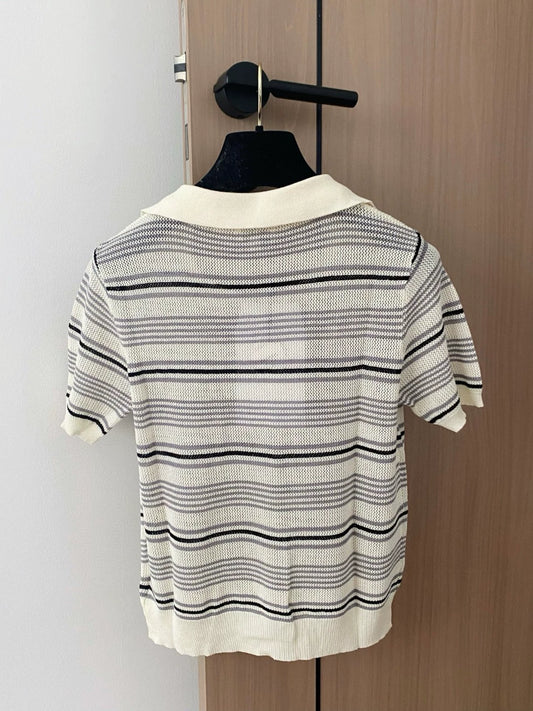 C 25 new color clashing striped lapel short sleeve knit