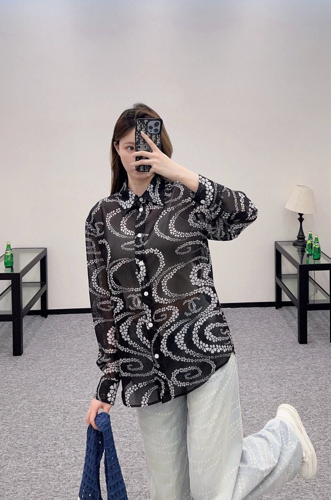 C 25 Printed Lapel Shirt（Black，Pink，Orange）