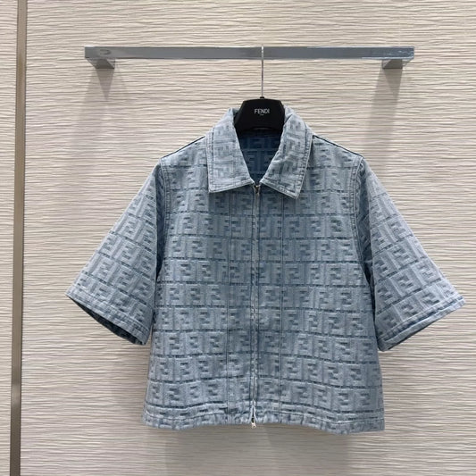 F 25 New Lettered Jacquard Zipper Lapel Short Sleeve Denim Jacket