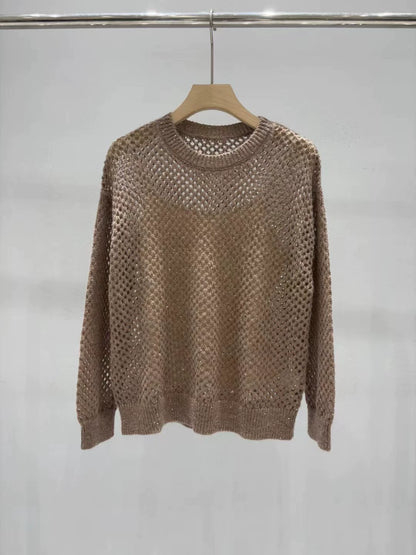 BRU 25 new hollow round neck long sleeve knitted top