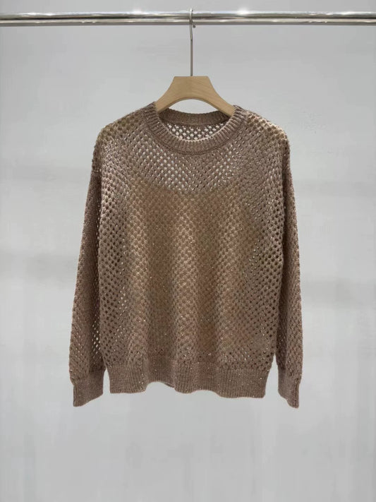 BRU 25 new hollow round neck long sleeve knitted top