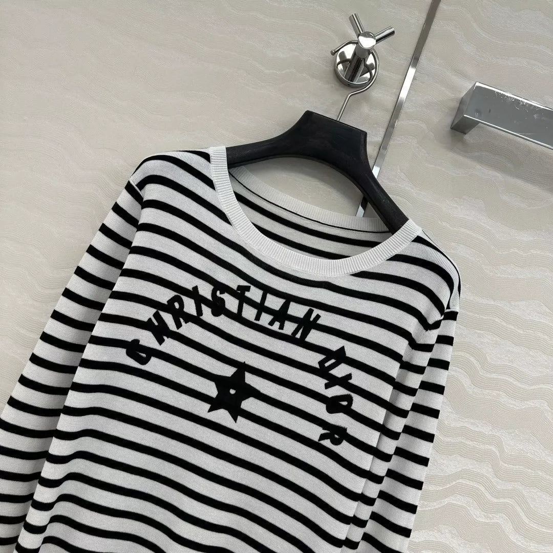 D 25 new navy style stripes Lucky Star knitted long-sleeved top