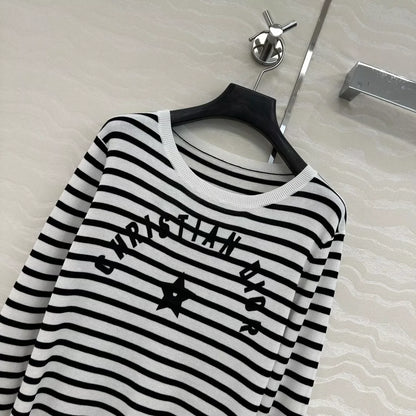 D 25 new navy style stripes Lucky Star knitted long-sleeved top