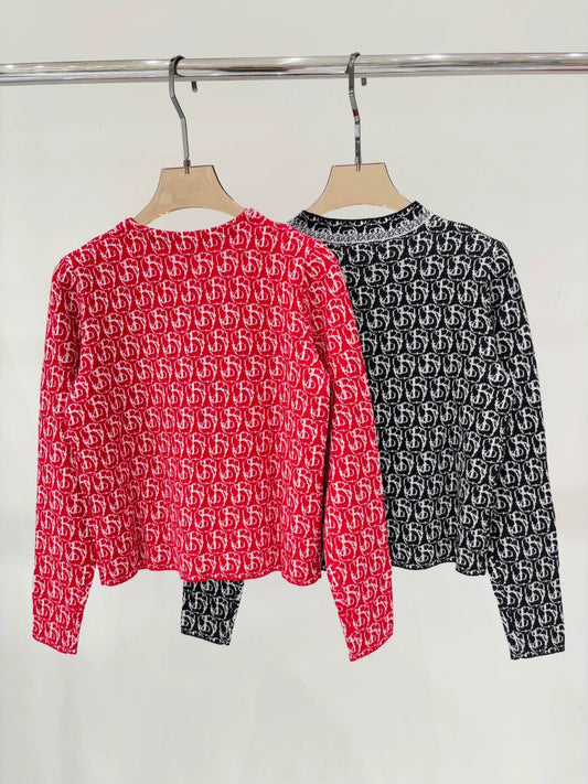 Bu 25 early spring new round neck letter logo jacquard full print knit cardigan