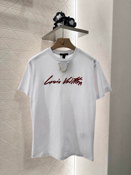 L 25 Round Neck Embroidered Letter Chain Short Sleeve T-Shirt
