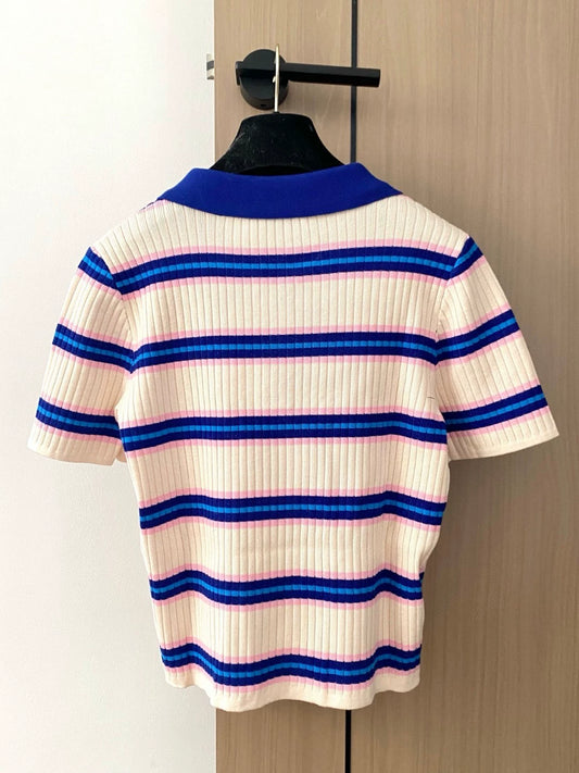 V 25 new striped button-down lapel short-sleeved knitted top