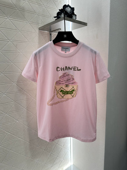 C 25 New Bubble Rhinestone Cake Round Neck Short-Sleeved T-shirt