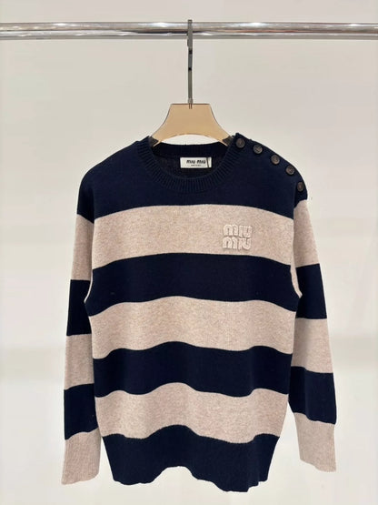 M 25 Spring and Summer new round neck letter logo patch striped color matching casual knitted long sleeve