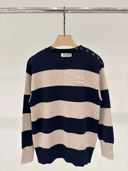 M 25 Spring and Summer new round neck letter logo patch striped color matching casual knitted long sleeve