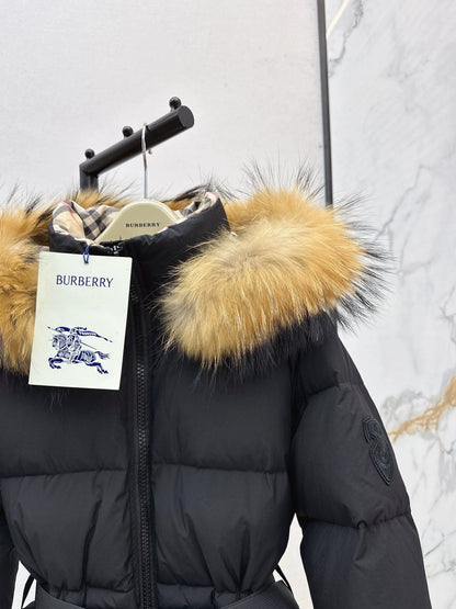 Bru 25 Waist waistband long down jacket ，raccoon fur collar(BLACK/WHITE/KHAKI)